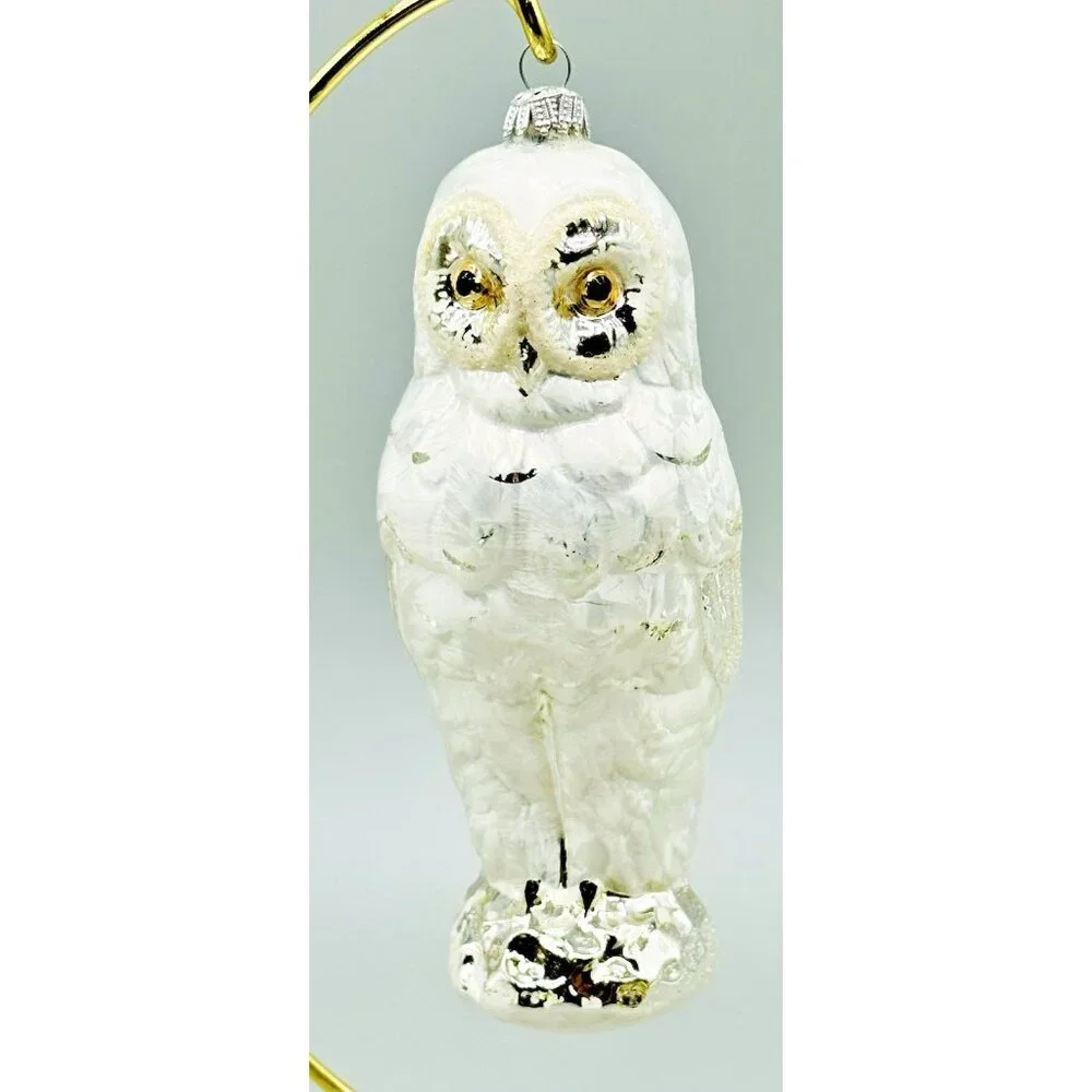 Snowy Owl Vintage Christmas Ornament West Germany Blown Glass White Silver 6 in - Picture 1 of 8